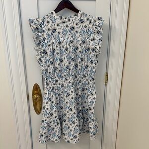 Floral Ruffle Dress - Blue and White - L